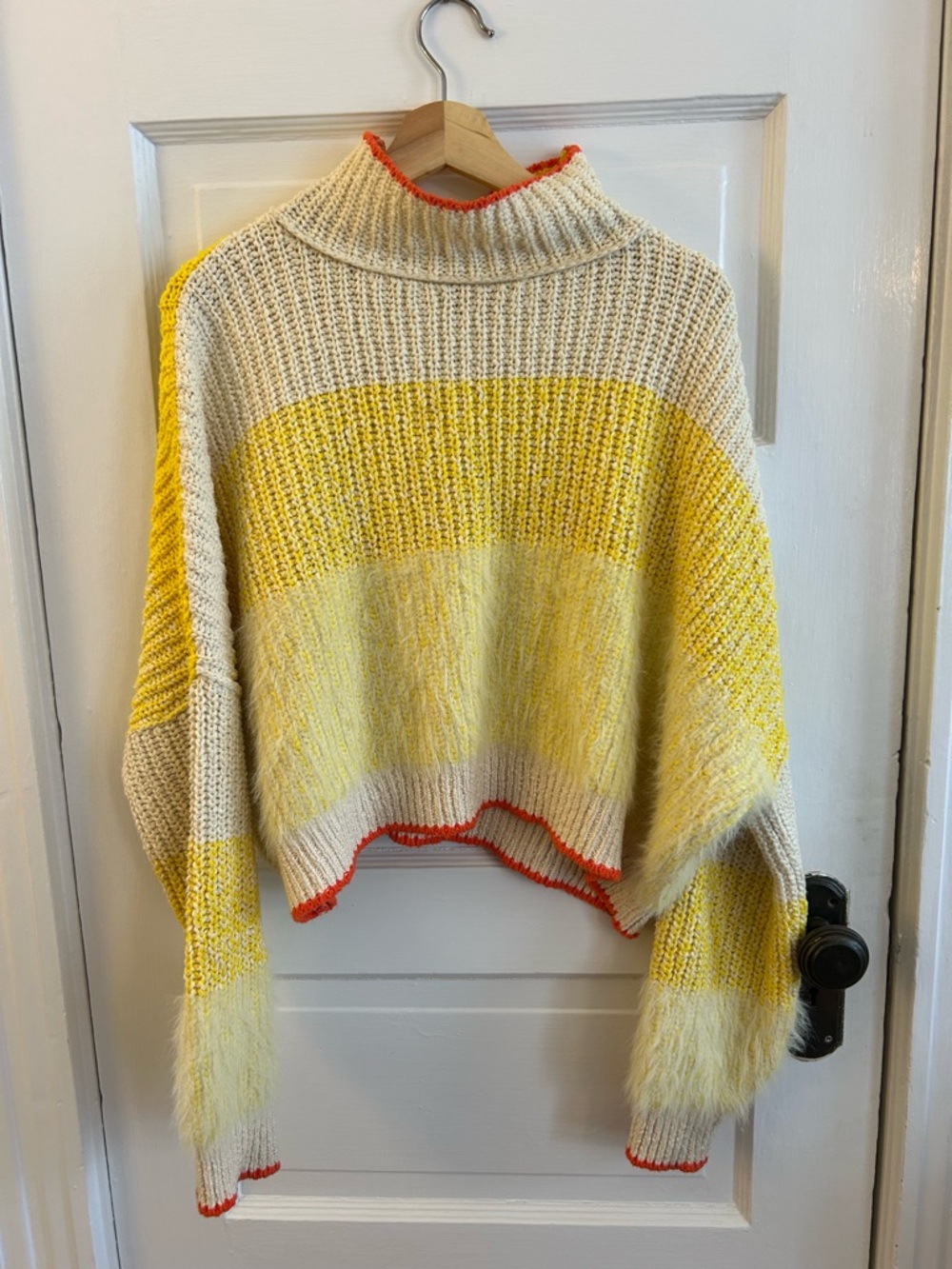 Free People Cream and Yellow Striped Turtleneck Sweater with Orange Trim